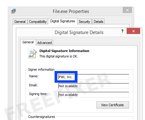 Screenshot of the PWI, Inc. certificate